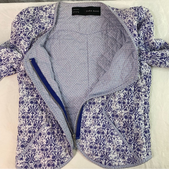 Zara Fitted Jacket Sz M Blue & White Zip Up piping  sweetheart Neck & Pockets - Picture 6 of 11